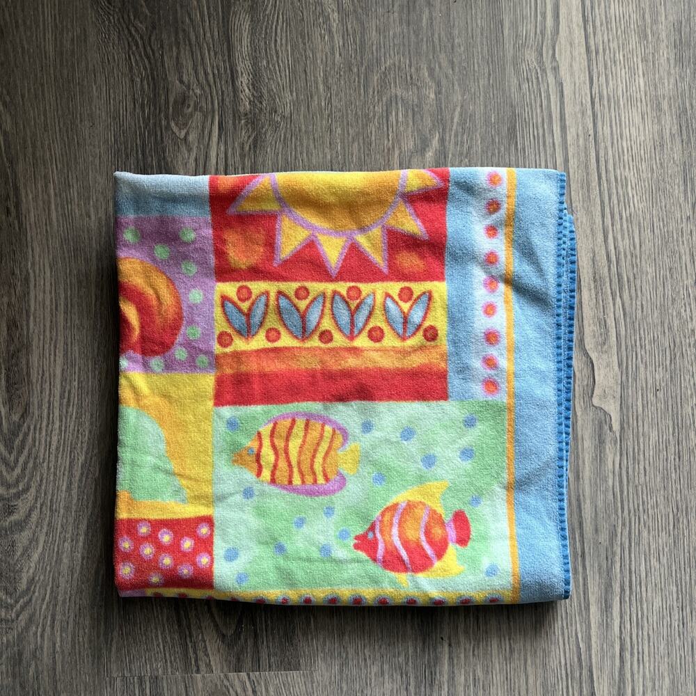 Tropical Escape Beach Towel Fish Sun Seashells Sailboat 30.5"X60”Cotton